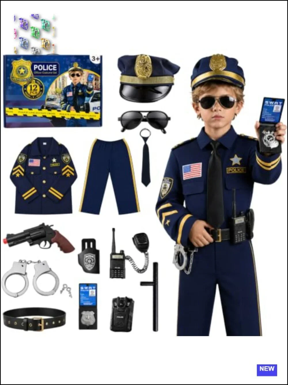 12pc Boys Police Officer Costume Set Halloween Pretend Play Role Play Uniform